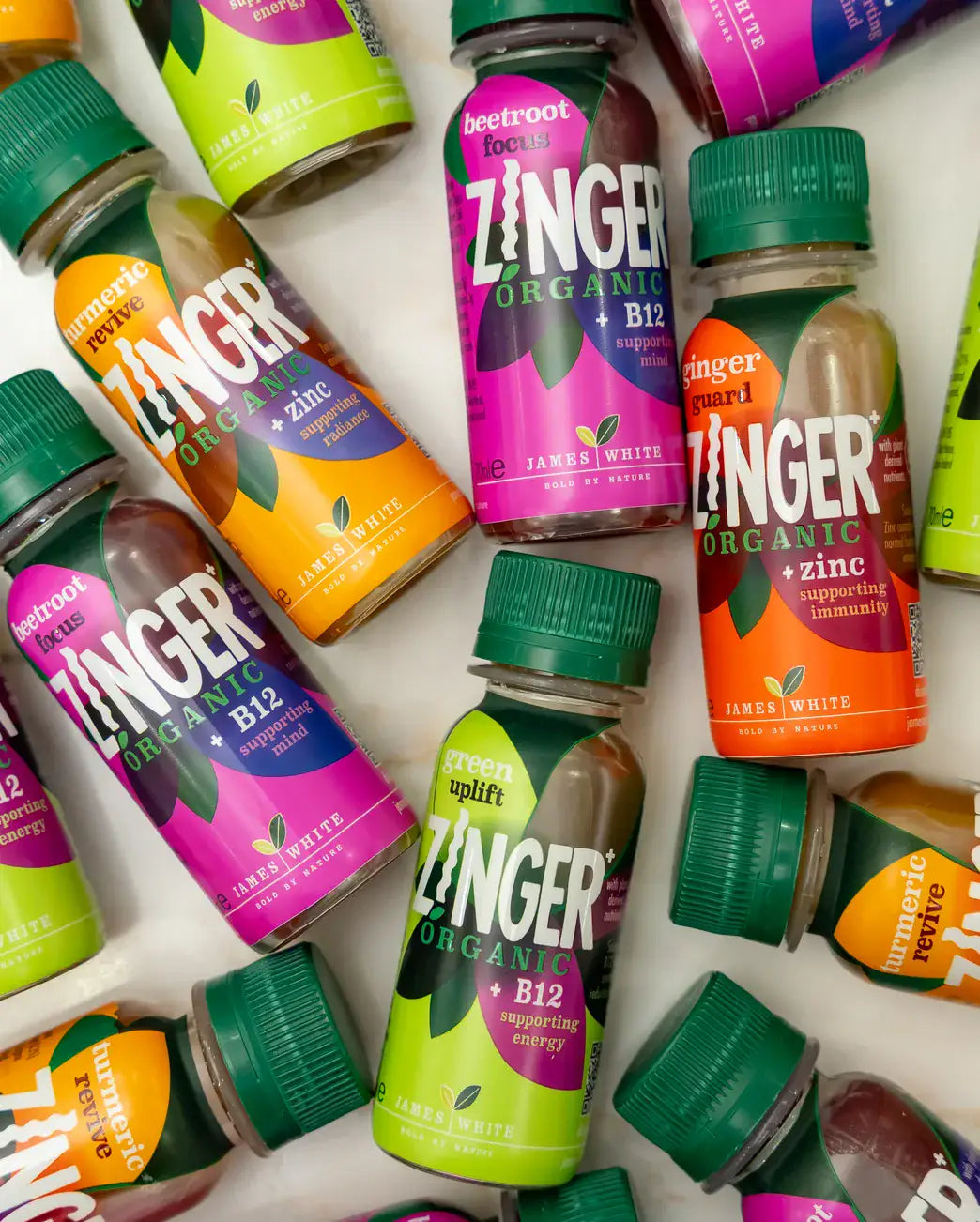 A colourful flat-lay of Zinger Organic shots